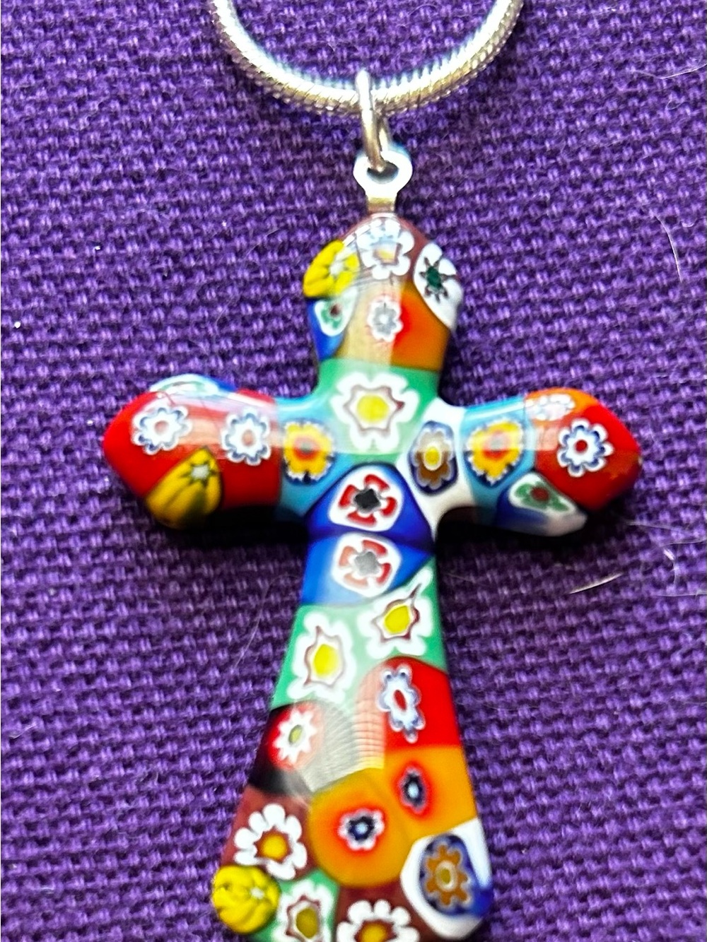 Multicolor Millefiori Glass Cross Pendant Necklace - Vibrant Floral Design
